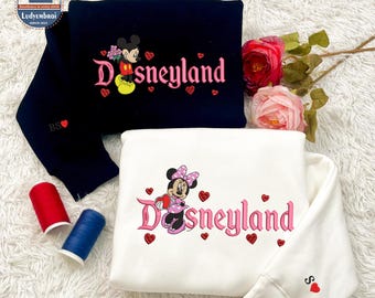 Mouse Cartoon And Girlfriend Magical Land Embroidered Shirt, Valentine Embroidered Sweatshirt, Mouse Cartoon Couple Heart Embroidered Shirt