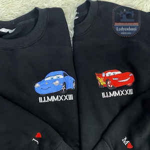 Cartoon Cars Besticktes Sweatshirt, Benutzerdefinierte McQueen Sally Mater Hoodie, Vintage Racing Film Rundhalsausschnitt, trendiges Auto-T-Shirt, Geschenk für Fans