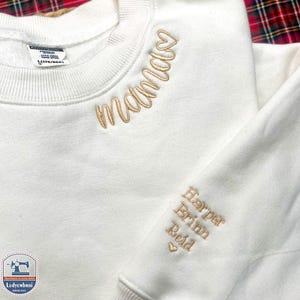 Custom Embroidered Mama Grandma Gigi or Any Text on Neckline Sweatshirt, Names on Sleeve,Personalized Gift for Mom Mother Momma Nana Sweater