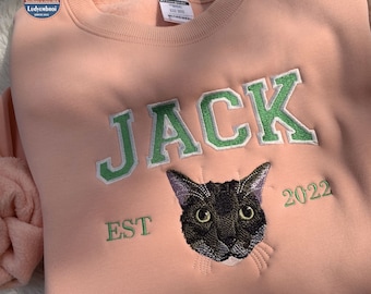 Custom Embroidered Pet From Your Photo, Personalized Pet Face and Pet name Sweatshirt, Pet Name Sweatshirt, Cat Mom Gift, Cat Lover Gift