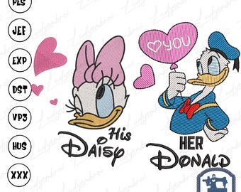 Pink Valentine Duck Couple Embroidery Machine Design, Valentine Cartoon Movie Embroidery Design, Love Xoxo Embroidery Design Download
