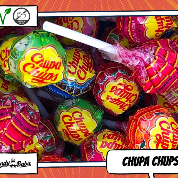 Chupa Chups Sucettes aromatisées rétro sucrées/aigres/sans sucre - Saveurs assorties et tailles de paquet (5, 10, 30, 100) - Candy Baba