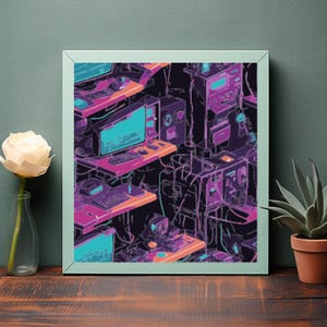 Retro Computer Setups Illustration – Neon Wall Art (Digital Download)
