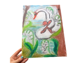Oryginalna pastelowa sztuka olejna „Łabędź” z konwalią | Botaniczna dekoracja ścienna Cottagecore