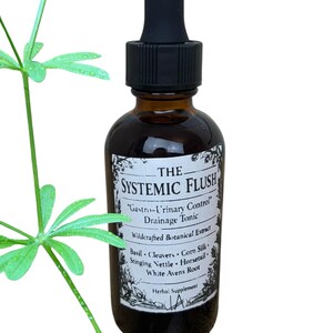May include: An amber glass dropper bottle with a black cap containing a dark liquid. The white label reads THE SYSTEMIC FLUSH, Gastro-Urinary Control, Drainage Tonic, Wildcrafted Botanical Extract, Basil, Cleavers, Corn Silk, Stinging Nettle, Horsetail, White Avens Root, Herbal Supplement.