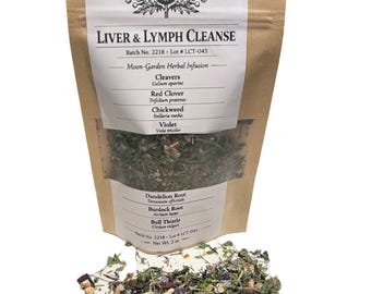 Infusión de hierbas para hígado y sistema linfático: Té de hojas sueltas de amor de hortelano, trébol rojo y raíz de diente de león.