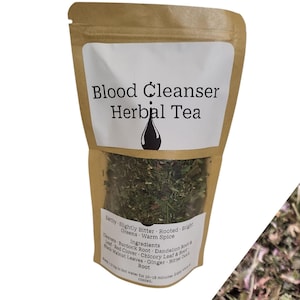 May include: A brown paper bag of herbal tea labelled "Blood Cleanser Herbal Tea." The bag has a clear window showing dried green herbs. The label includes a black teardrop graphic and ingredient information.