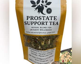 May include: A brown paper bag with a clear window showing a herbal tea blend. The label says "PROSTATE SUPPORT TEA" and lists ingredients such as Burdock Root and Red Clover. The text also mentions "Herbal Blend for Urinary Wellnesss".
