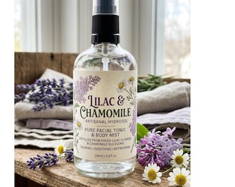 Spray tonico viso e corpo artigianale all'idrolato di lillà e camomilla, 149 ml.