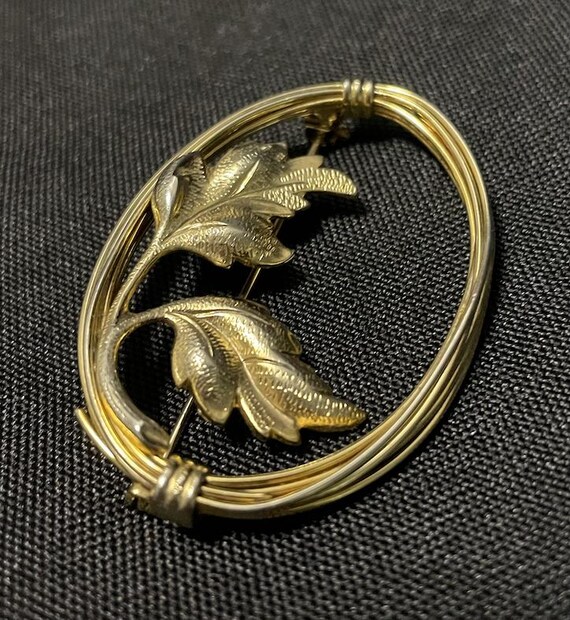 Gold Tone Frame Leaf Brooch - image 2