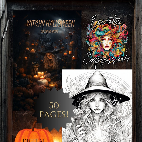 Witchy Halloween - 50 Witch Themed Coloring Pages Cat Mouse Witches Cottage Pumpkins Perfect Gift For Mom Dad Sister Brother Spooky Holiday