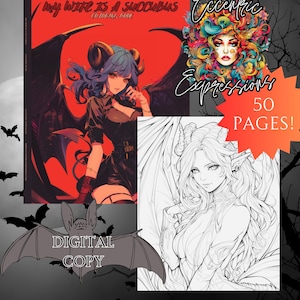 Puede incluir: Una portada de libro de colorear digital con un fondo rojo y una ilustración en blanco y negro de una mujer con alas. El título del libro es "My Wife is a Succubus Coloring Book" y el subtítulo es "Eccentric Expressions 50 Pages!"