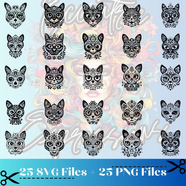 Cat Sugar Skulls SVG + PNG Pack 25 Unique Images- Perfect For Vinyl Cutters - Personal Use License Included - Halloween Dia De Los Muertos