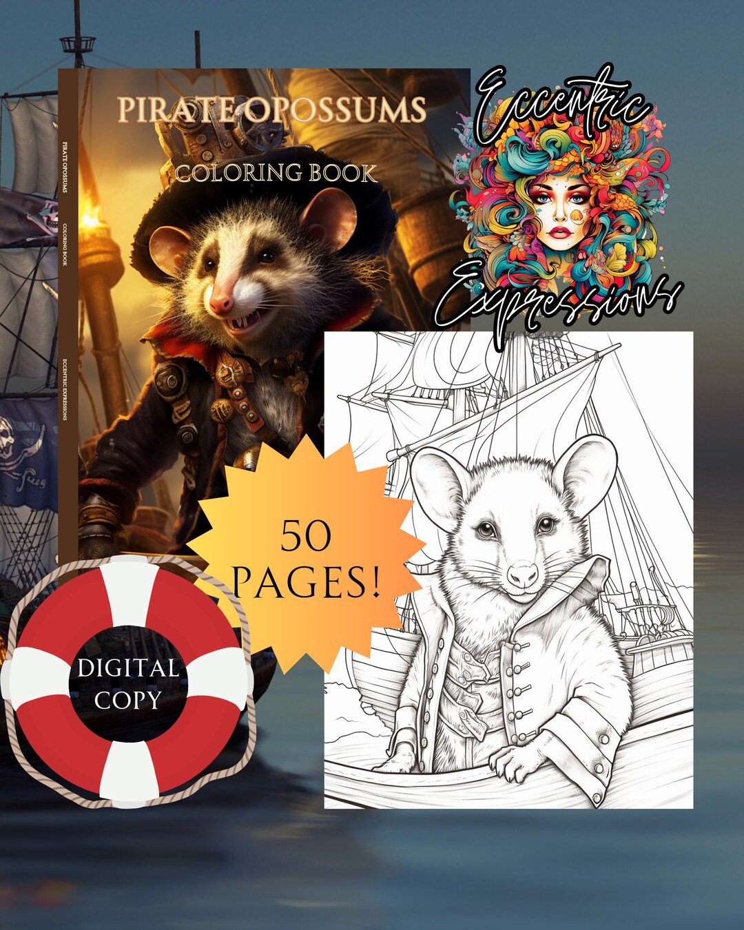 Pirate Opossums 50 Coloring Pages of Cunning Opossums Sailing the Seas