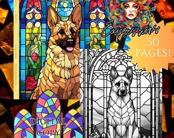 Stained Glass Dog Coloring Book: 50 Canine Illustrations (Digital Download)