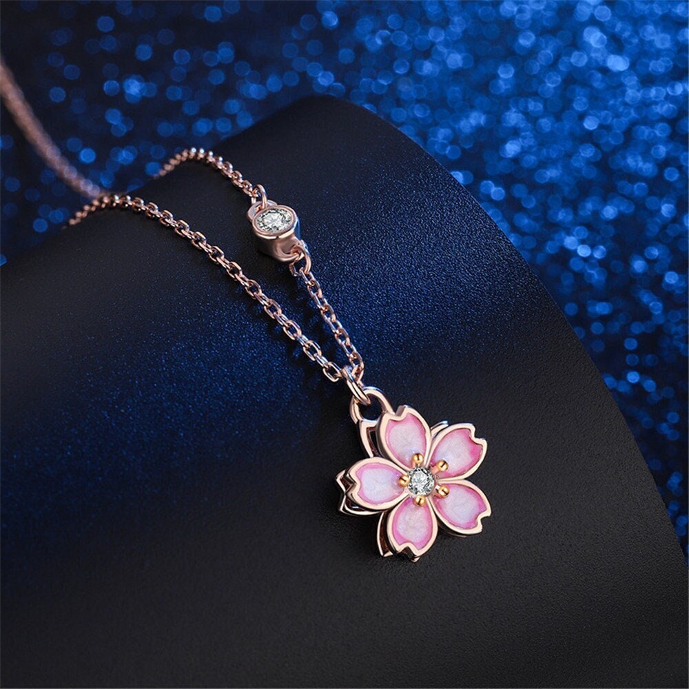 14k Solid Gold Cherry Blossom Charm Necklace - Chinese Cherry Blossom -  Floral Necklace - Tiny Flower Cha…