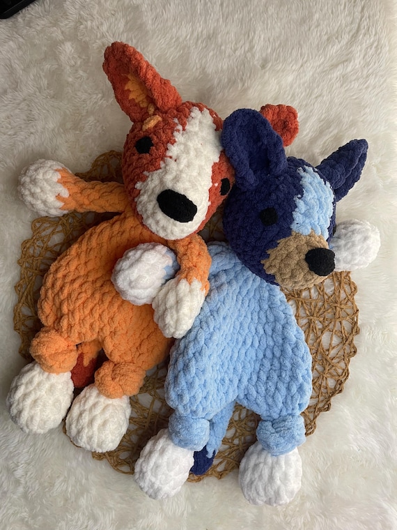 Bluey & Bingo inspired knotted plushie / Handmade Crochet lovey /Puppy snuggler / Baby Shower gift / Puppy cuddle blanket / Toddler gift.