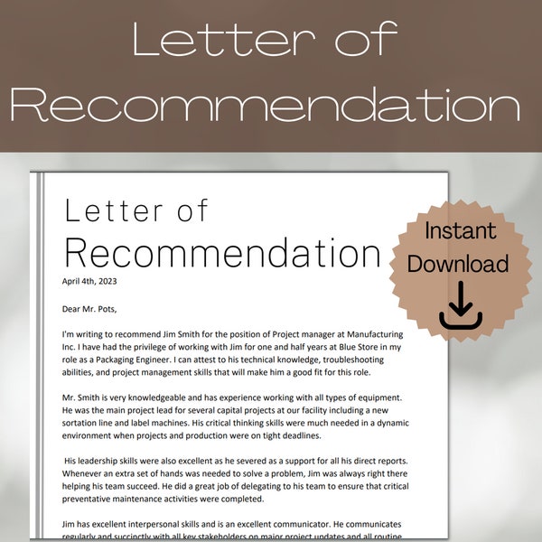 Letter of Recommendation Template for Professionals | Reference Letter | Character Letter | Job Referral Letter