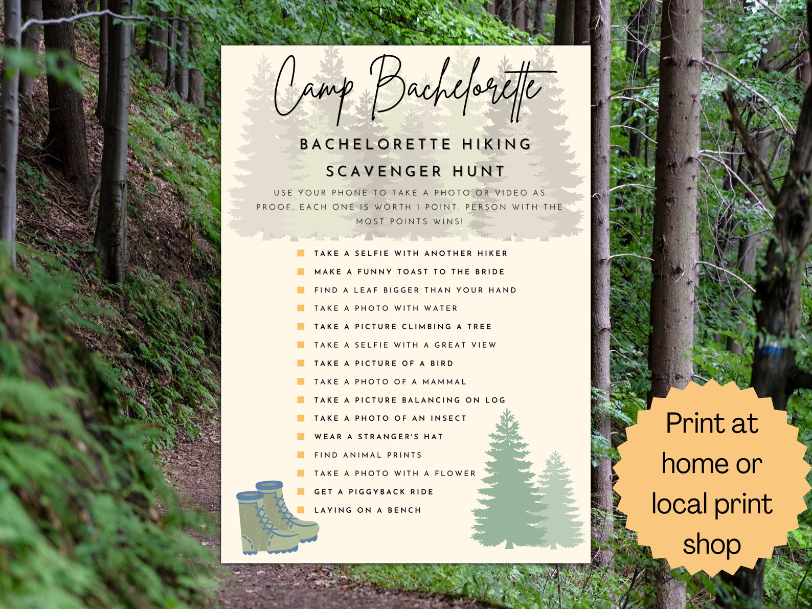 Camp Bachelorette Party Scavenger Hunt, Last Trail Before Veil, Outdoor