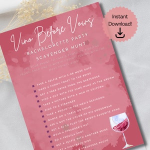 Vino before Vows Bachelorette Party Scavenger Hunt, Wine Party, Instant Download