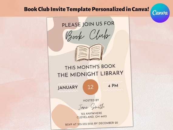 Book Club Monthly Invite Template | Fully Editable in Canva | Digital Book Evite Download