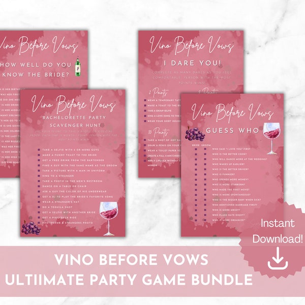 Vino voor Vows Bachelorette Party Game Bundle, Wine Party, Winery Bachelorette, Napa Valley, Instant Download