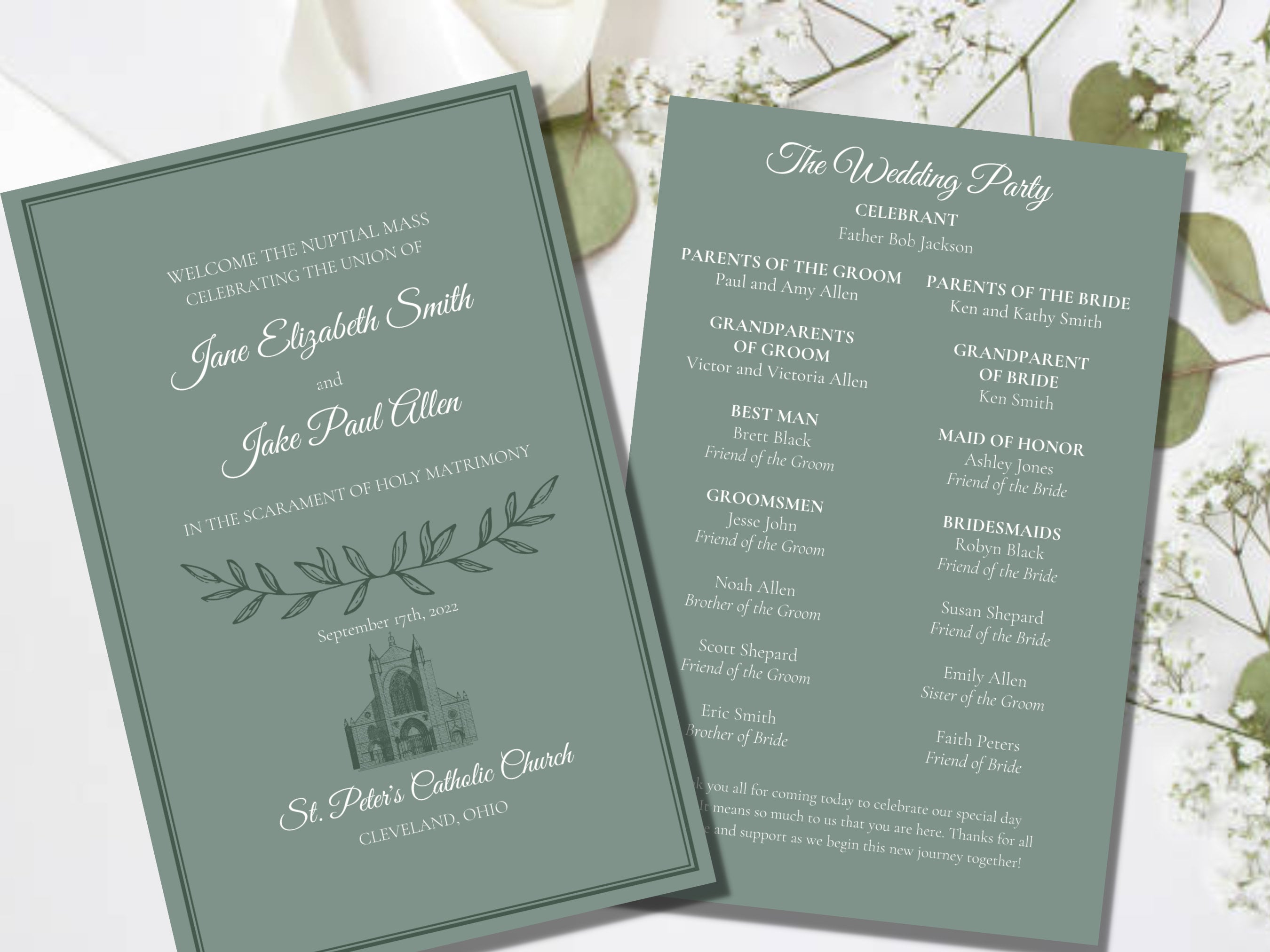 Catholic Wedding Mass Program Sage Wedding, Elegant Full Mass Ceremony