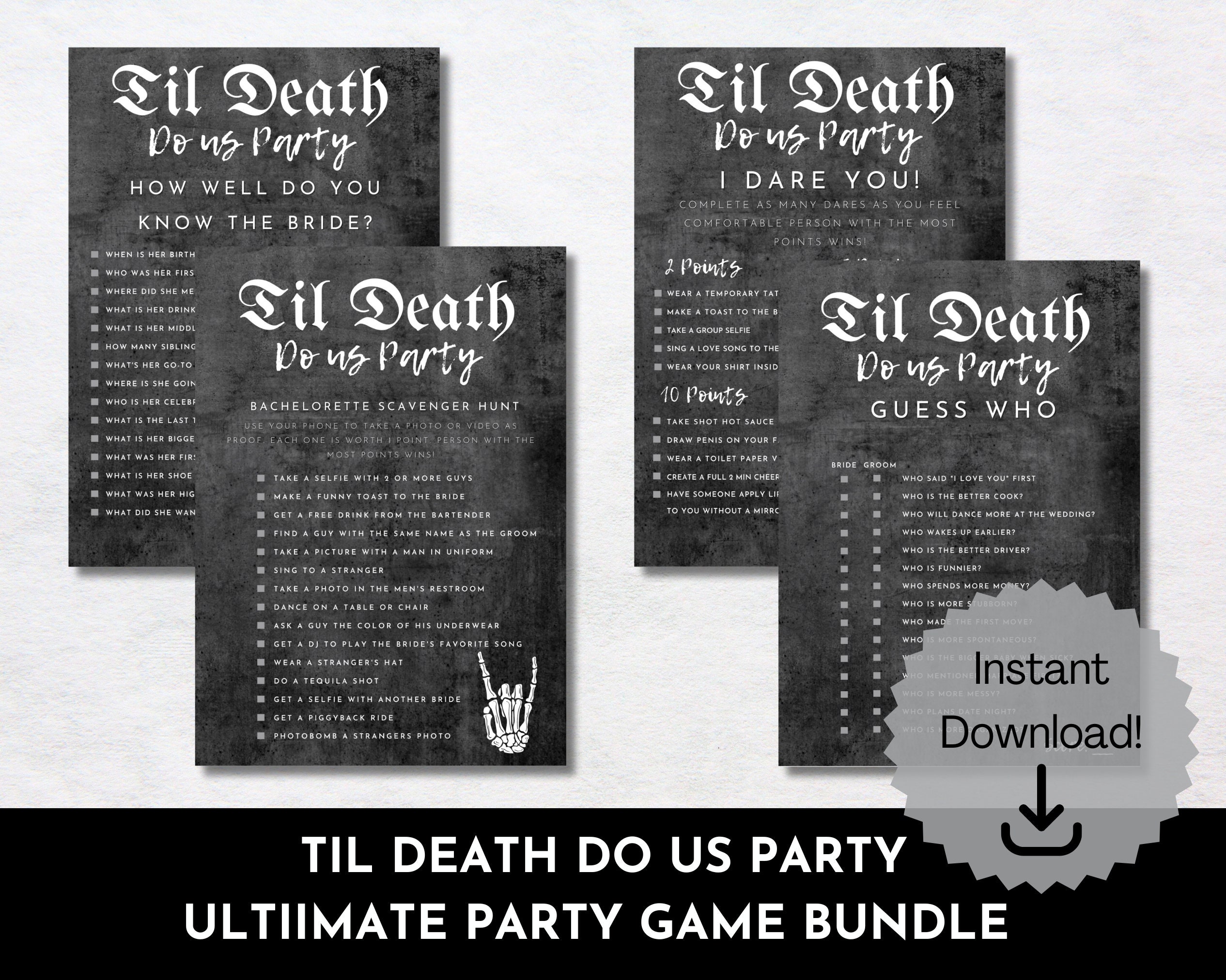 Til Death Do Us Party Bachelorette Party Game Pack Bundle, Death of Bachelorette, Bride or Die, Spooky Bachelorette,  Instant Download