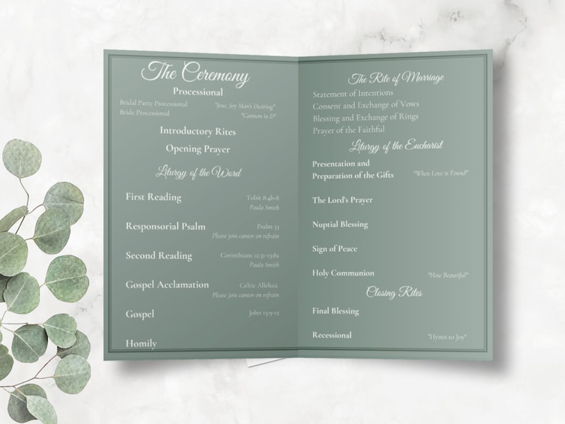 Catholic Wedding Mass Program Sage Wedding, Elegant Full Mass Ceremony