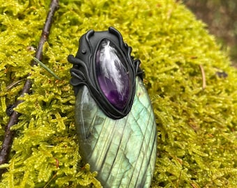 Labradorite & Amethyst Polymer Clay Crystal Pendant | Elvian Witchy Crystal Jewelry | Fairycore accessory | stone necklace