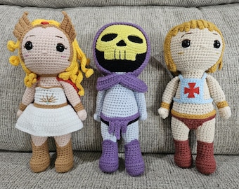 Ready to Ship - Crochet - He-man, She-ra, and Skeletor - 80's Cartoons! 8-9" tall - Set of 3