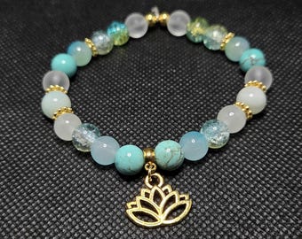 Aura Talisman Bracelet - Golden Water Lotus - Healing/Calm/Courage - Natural Turquoise, Amazonite & Glass - Stretchy - Handmade