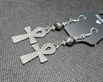 Ankh - Earrings - Black/Silver - Cats Eye - One Pair - Handmade