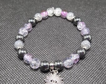 Aura Talisman Bracelet - Eye See - Clarity/Focus - Natural Hematite & Crackle Glass - Stretchy - Handmade