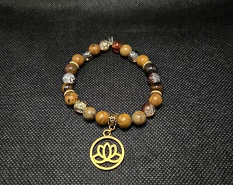 Aura Talisman Bracelet - Love Lotus Gold - Grounding/Courage - Natural Jaspers, Tiger Eye, & Glass - Stretchy - Handmade