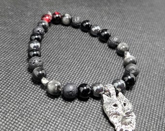 Aura Talisman Bracelet - Dark Wolf - Unisex - Natural Hematite, Lava Stone, Obsidian & Crackle Glass - Stretchy - Handmade