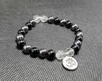 Aura Talisman Bracelet - Ohm - Natural Hematite, Obsidian, Quartz - Stretchy - Handmade