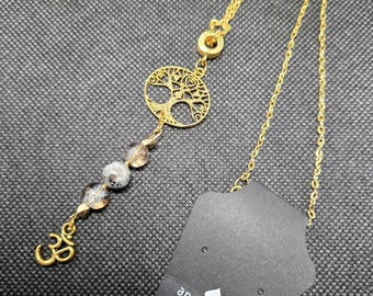 Tree of Life & Ohm - Flame Stone - UV Glow - Gold Tone - Pendant Necklace - One - Handmade