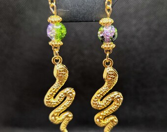 Snake Earrings - Green/Purple - Gold Tone - One Pair - Handmade