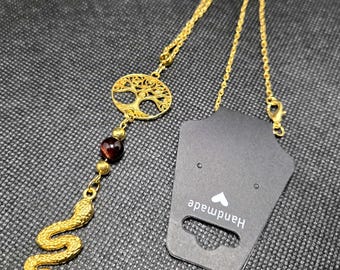 Unisex - Snake & Tree - Red Tiger Eye - Gold Tone - Pendant Necklace - One - Handmade