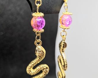 Snake Earrings - Orange/Purple - Gold Tone - One Pair - Handmade