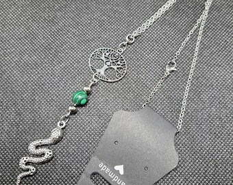 Unisex - Snake & Tree - Green Malachite - Pendant Necklace - One - Handmade