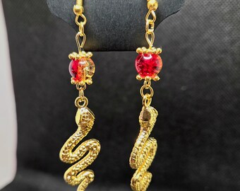 Snake Earrings - Red/Honey - Gold Tone - One Pair - Handmade