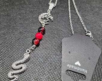 Moon Tree & Snake - Red Coral - Pendant Necklace - One - Handmade