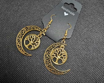 Crescent Moon & Tree of Life Earrings - Gold Tone - One Pair - Handmade
