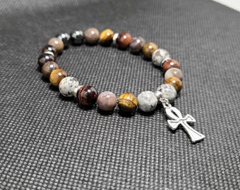 Aura Talisman Bracelet - Ankh - Natural Hematite, Yellow Tiger Eye, Red Tiger Eye, Flame Stone, Agate - Stretchy - Handmade