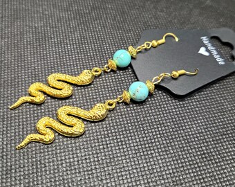 Snake Earrings - Turquoise - Gold Tone - One Pair - Handmade
