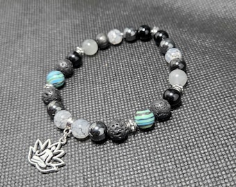 Aura Talisman Bracelet - Yoga Lotus - Protection/Grounding - Natural Hematite, Obsidian, Lava Stone & Blue Malachite - Stretchy - Handmade