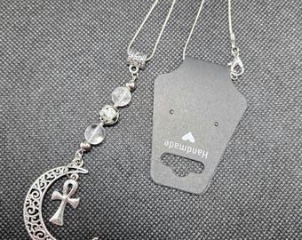 Crescent Moon & Ankh - Flame Stone/Quartz - UV Glow - Pendant Necklace - One - Handmade