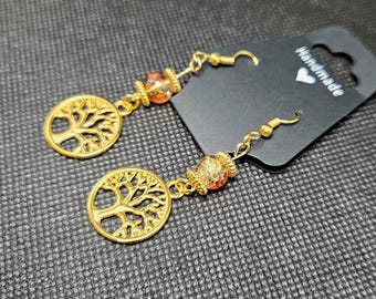 Tree of Life Earrings - Honey Pot - Gold Tone - One Pair - Handmade